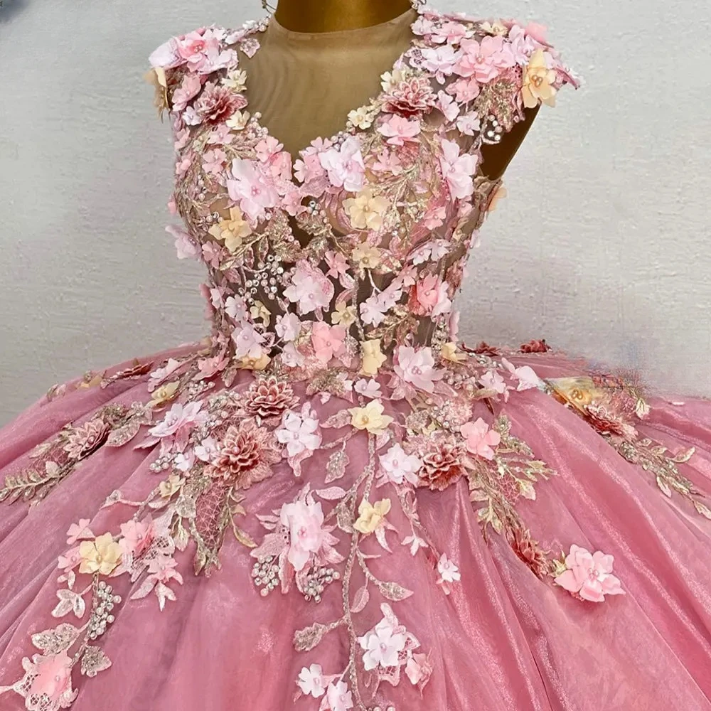 Vestido De quinceañera De princesa rosa personalizado, Floral 3D, Sexy, con espalda hueca, dulce 16, Vestidos De graduación, fiesta De cumpleaños, Vestidos De 15 Años