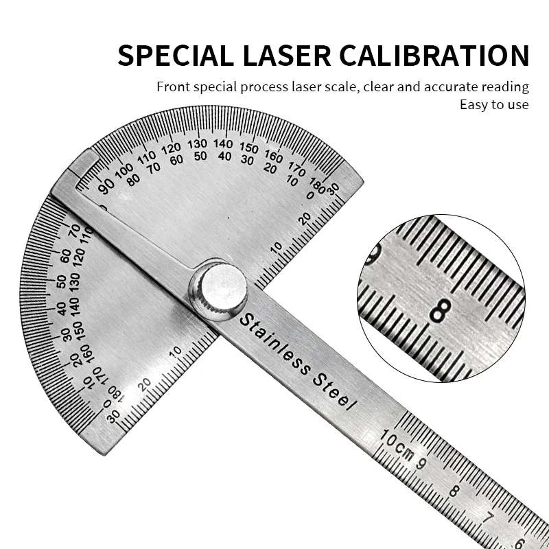 Stainless Steel Angle Ruler Gauge 180 Degree 0-10CM Adjusting Semicircle Divider Multi Function Protractor