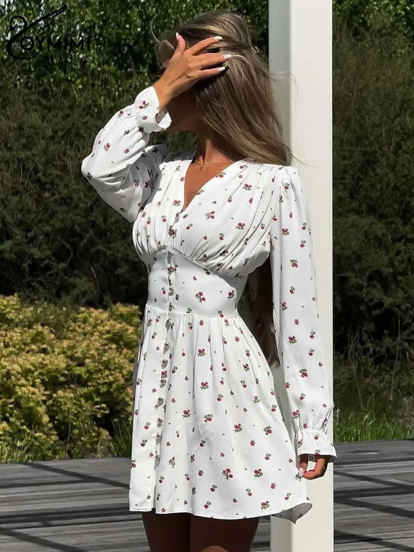 Oymimi Casual White Print Women\'s Dress Elegant V-Neck Long Sleeve Single Breasted Dresses Fashion High Waist Mini Dress Female