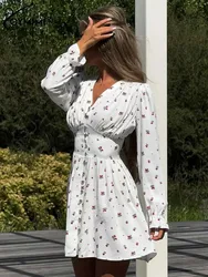 Oymimi Casual White Print Women's Dress Elegant V-Neck Long Sleeve Single Breasted Dresses Fashion High Waist Mini Dress Female