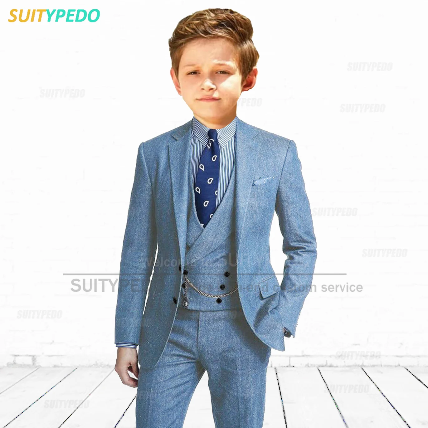 Classic Blue Denim Suit Sets For Boys Homecoming Fashion Outfits Jacket Vest Pants 3 Pieces School Activities Casual Costumes