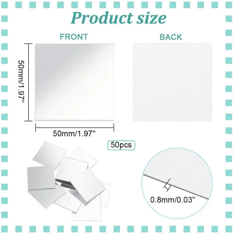 50pcs 2 Inch Mini Mirror Tiles Acrylic Square Mirror Adhesive Small Square Mirror Mosaic Tiles Craft Mirror Tiles for DIY Crafts