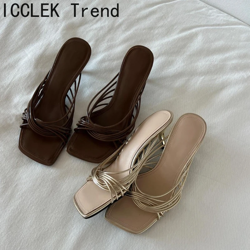 2025 nuevo verano conciso banda estrecha zapatillas de mujer moda tacones finos bombas de fiesta mulas zapatos deslizantes