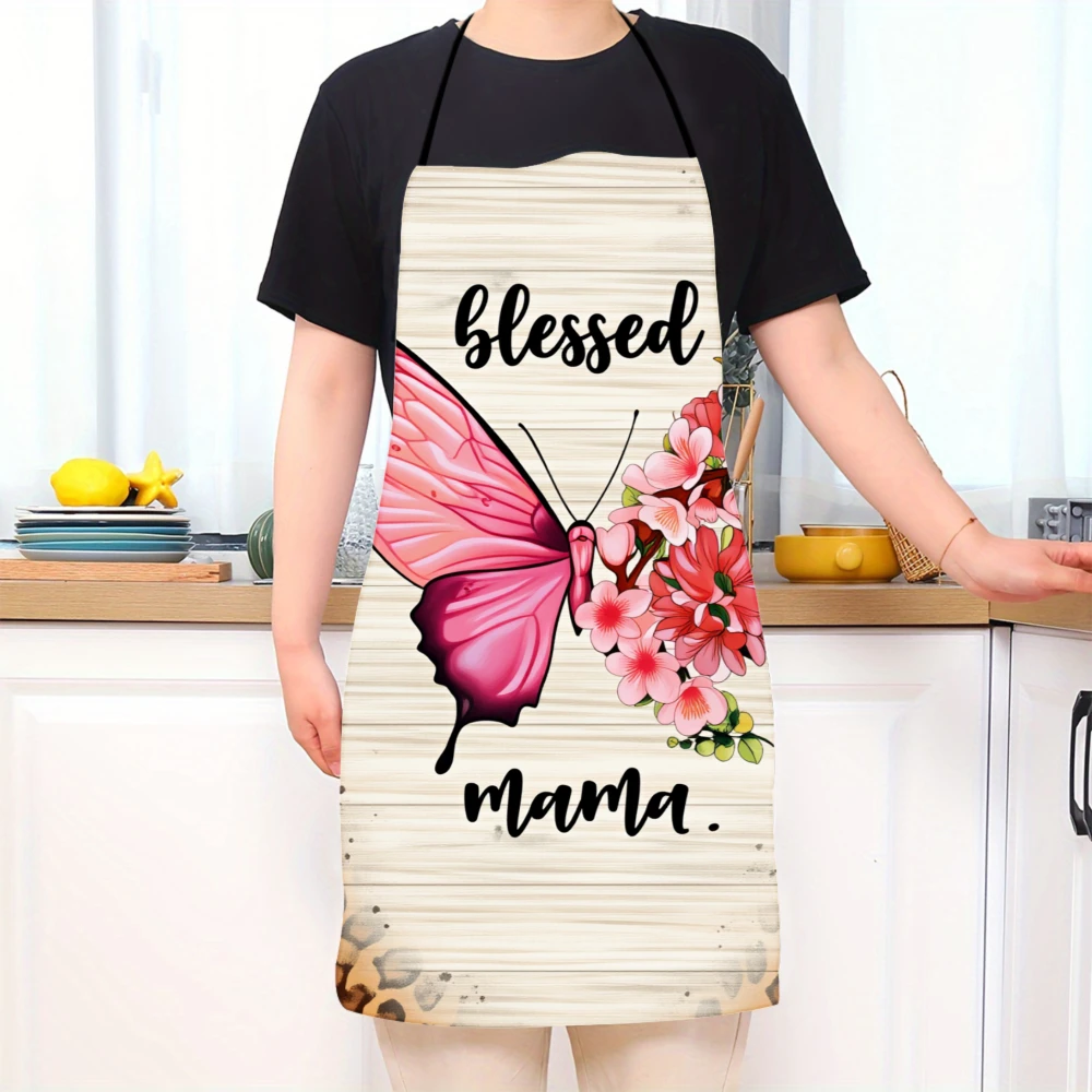 Blessed Mama Apron With Pink Butterfly And Flowers Design For Women Kitchen Cooking Gift