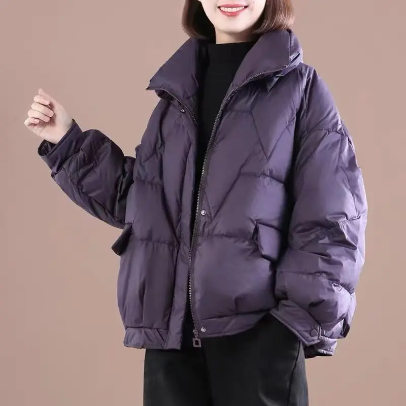 

Faionable Pure Color Cotton Jaet for Middle-Aged Mothers Winter Casual Sle Korean Version Slimming Loose Fit ort Coat