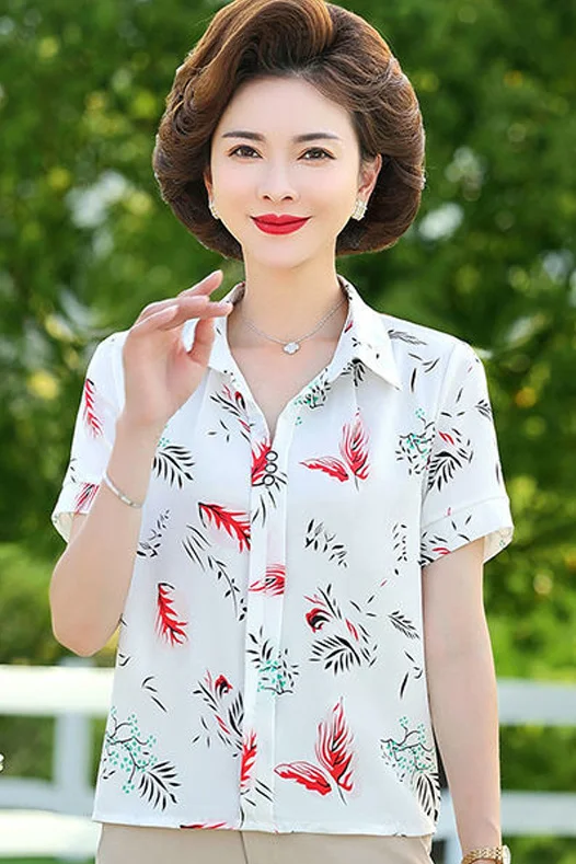 

Women's Lapel Print Fashionable New Loose Chiffon Short-sleeved Shirt Top