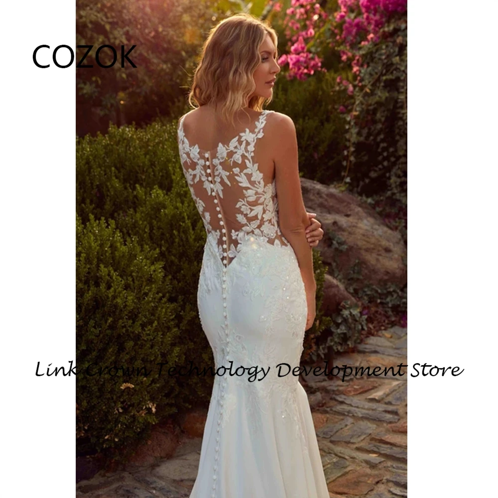 COZOK abiti da sposa con spalline sottili con abiti da sposa senza maniche a sirena in pizzo 2024 Summer Court Train Jersey Vestidos De