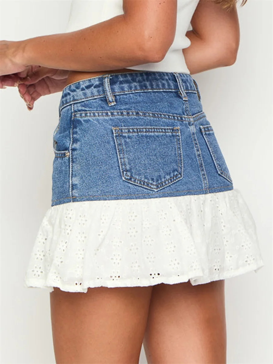 Denim Patchwork Mini Skirt for Women Hollow Lace Ruffle Hem Mid Rise A Line Skirt