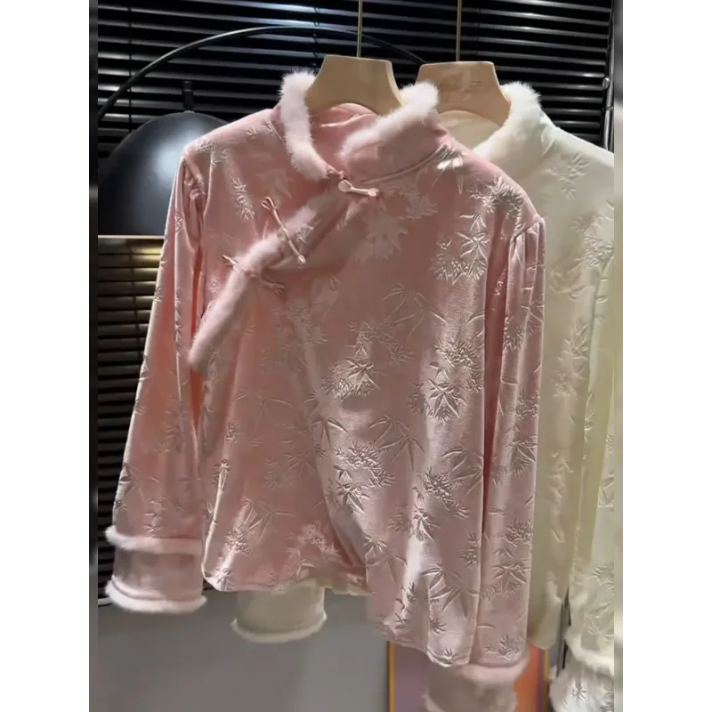 New Chinese Style Pink Velvet Top with Women's Design Sense Western-style Age Reducing Unique Shirt All Match Fashion Top