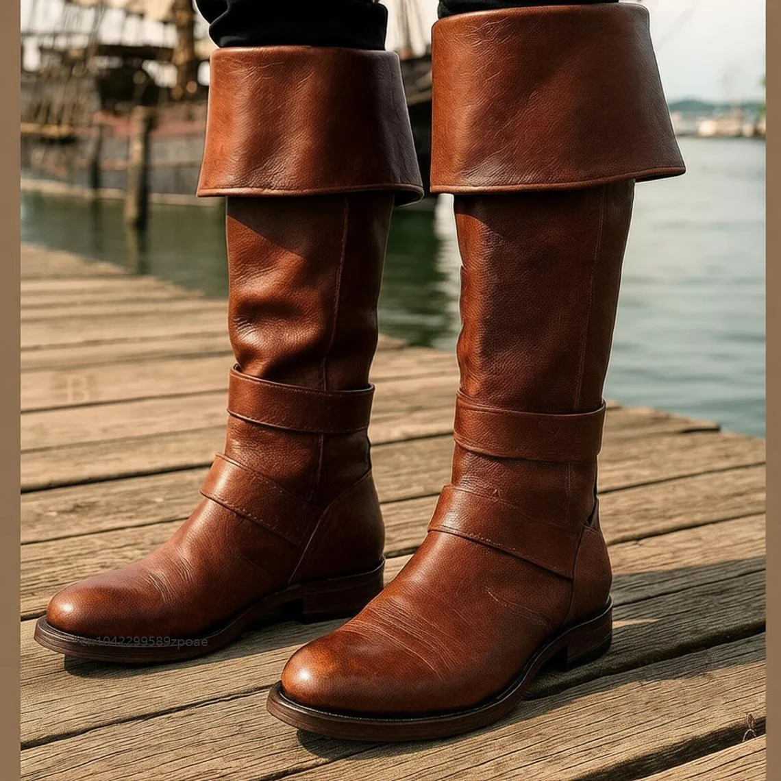 Vintage Pirate Fold Over Cuff Knee High Boots Medieval Renaissance Cosplay Cowboy Shoes Halloween Party Stage Dress Up Bootes 2