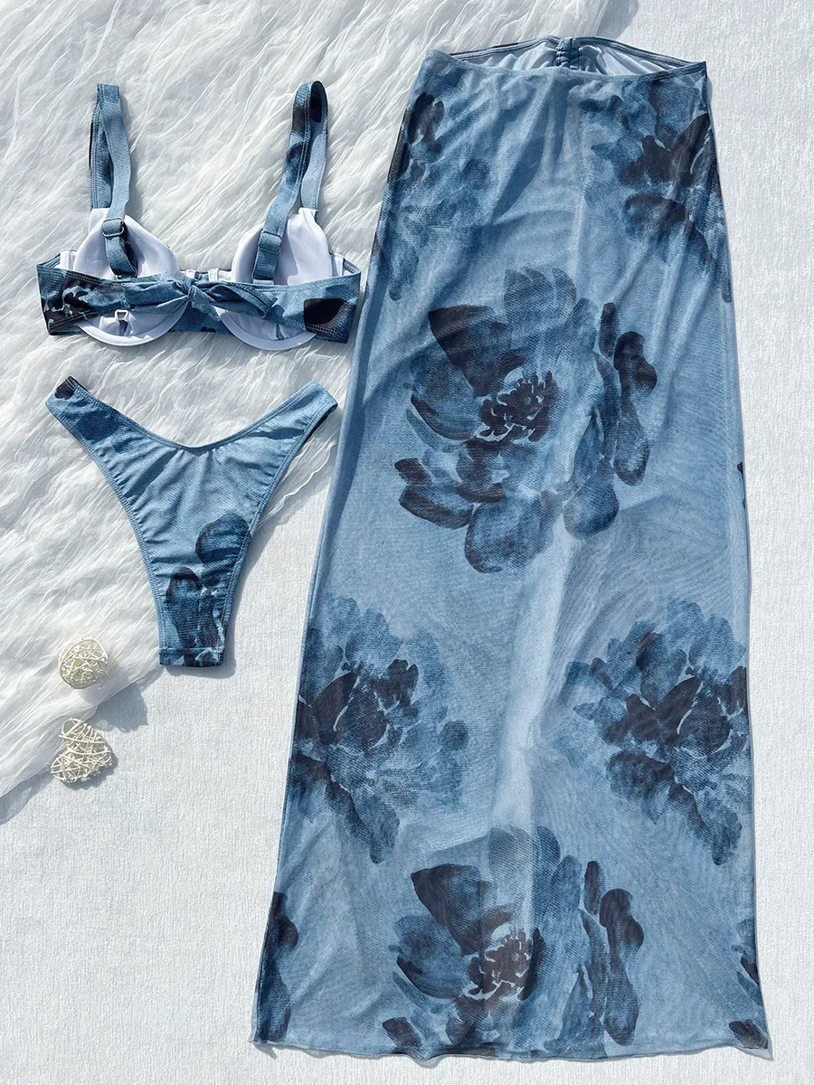 메쉬 롱 스커트와 언더와이어 비키니 여성 수영복 3피스 비키니 세트 수영복 비치웨어