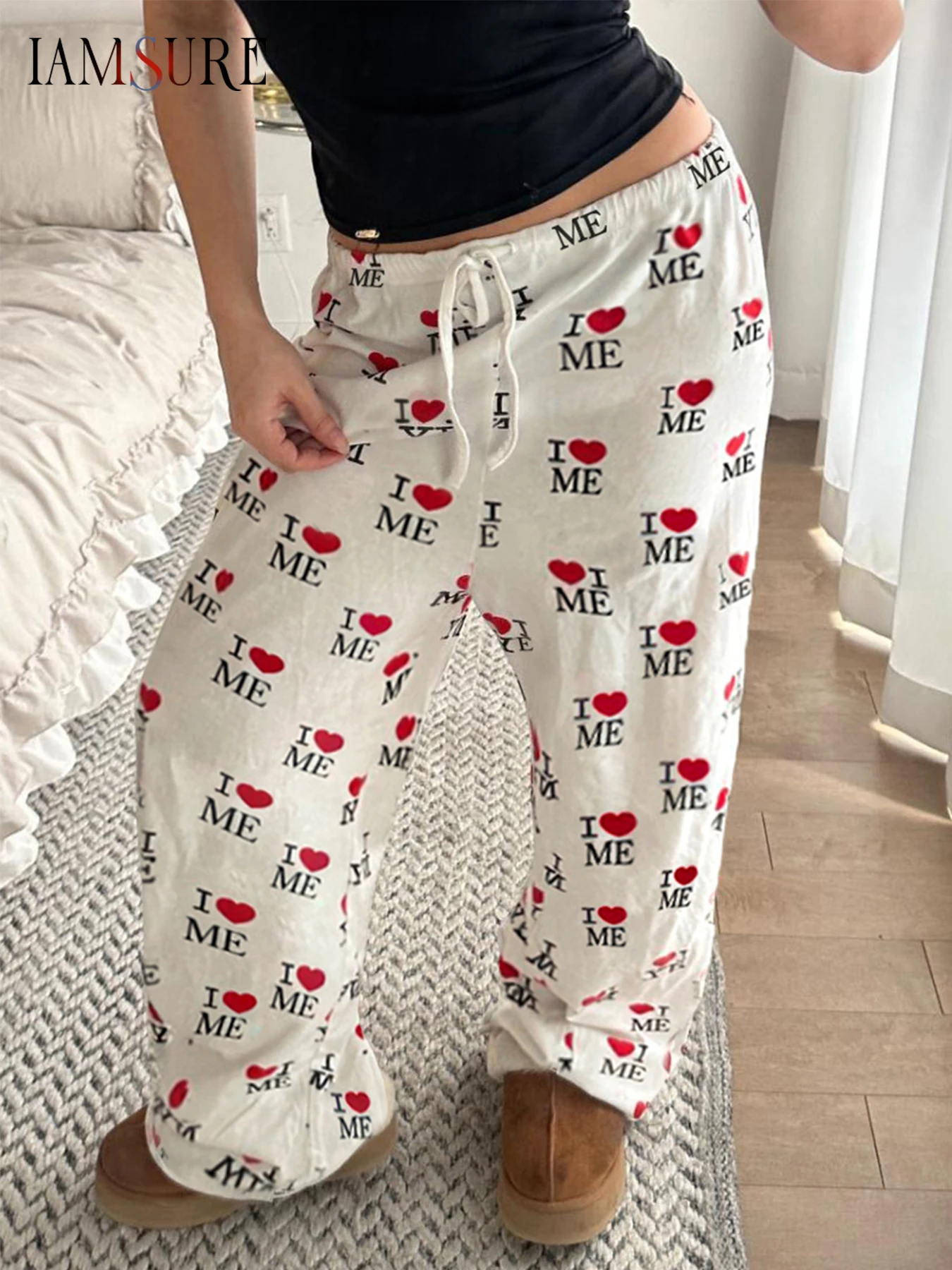 

IAMSURE Casual Printed Wide Leg Pants Loose Low-Waisted Straight Pants Women 2025 Summer Fashion Streetwear Ladies Housewear