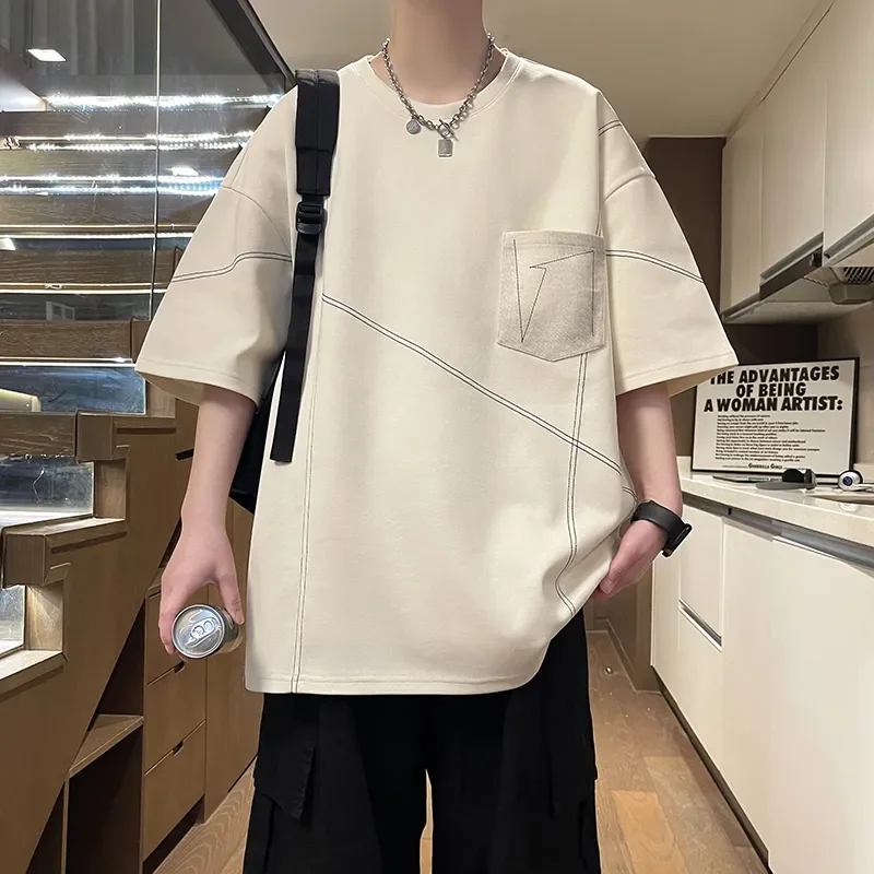Minimalist Cotton Loose T-Shirt for Men Quarter Sleeve Casual Tee with Pocket Design Summer Daily Wear