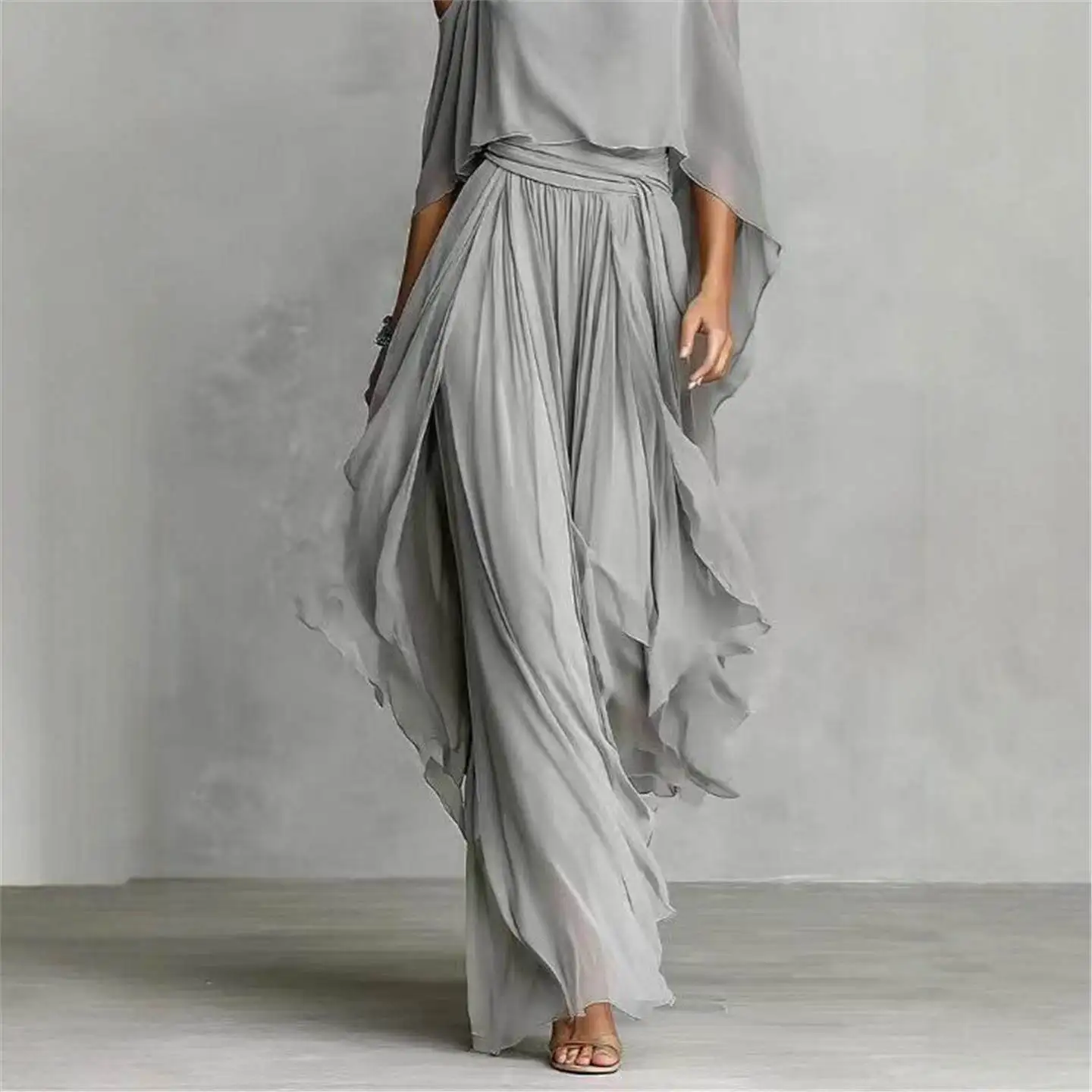 Gray Asymmetrical Chiffon Off-Shoulder Wide Leg Pants Set Women's Fashionable Independent Station Cross-Border New 2026