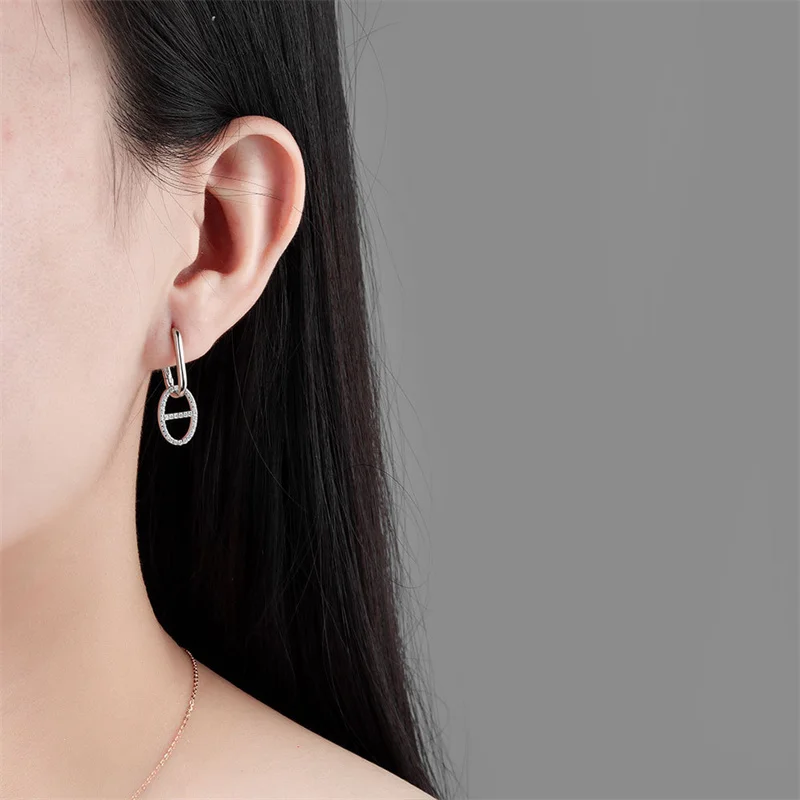 925 Sterling Silver Color Double Loop Winding Geometric Zircon Earrings Simple Personality For Women Party Jewelry Ornament