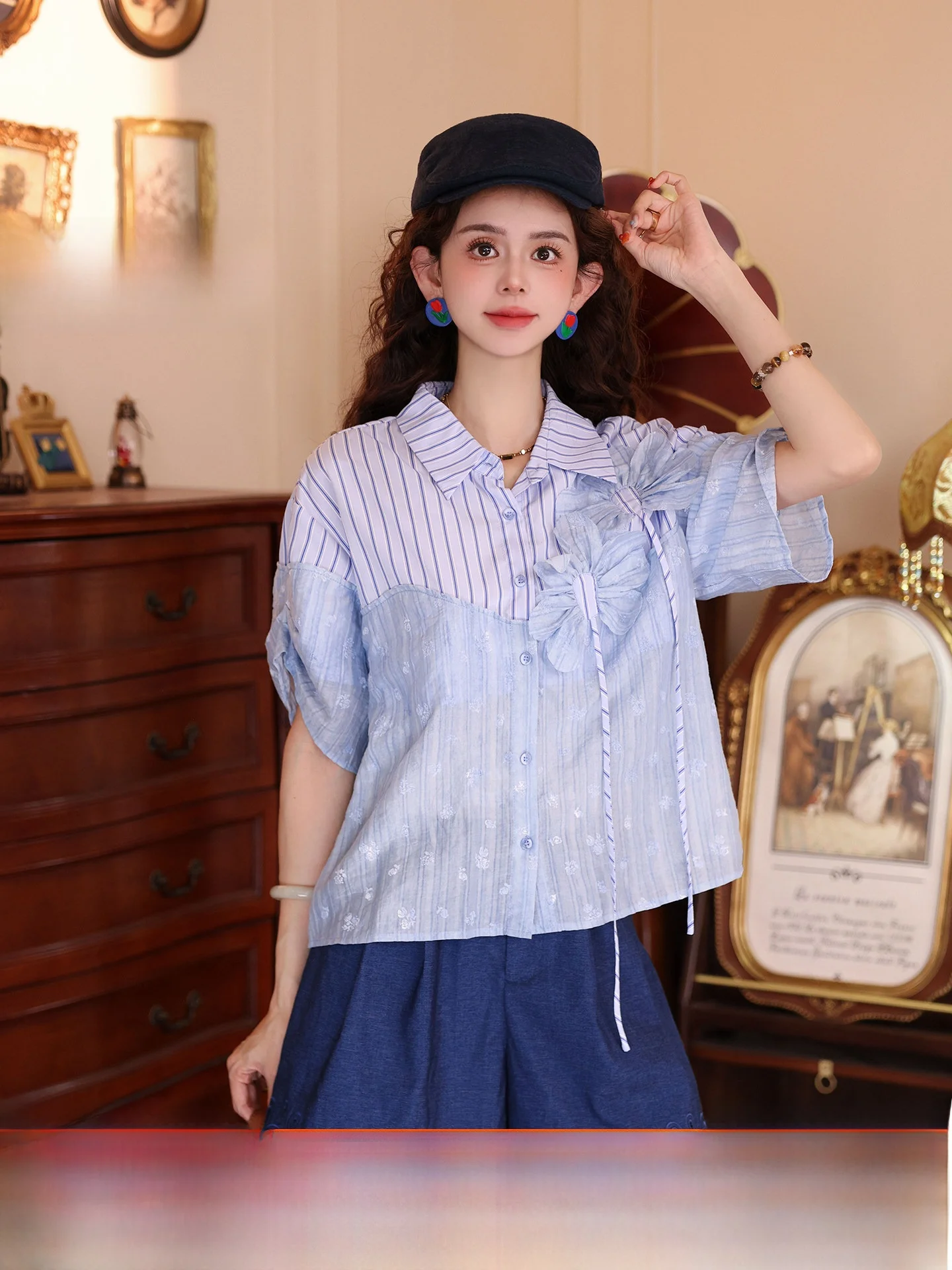 

Summer Short Sleeve Shirt Women's Splice Design 3D Flower Print Chenshengjie Knot Lace Polyester Blend Regular Fit