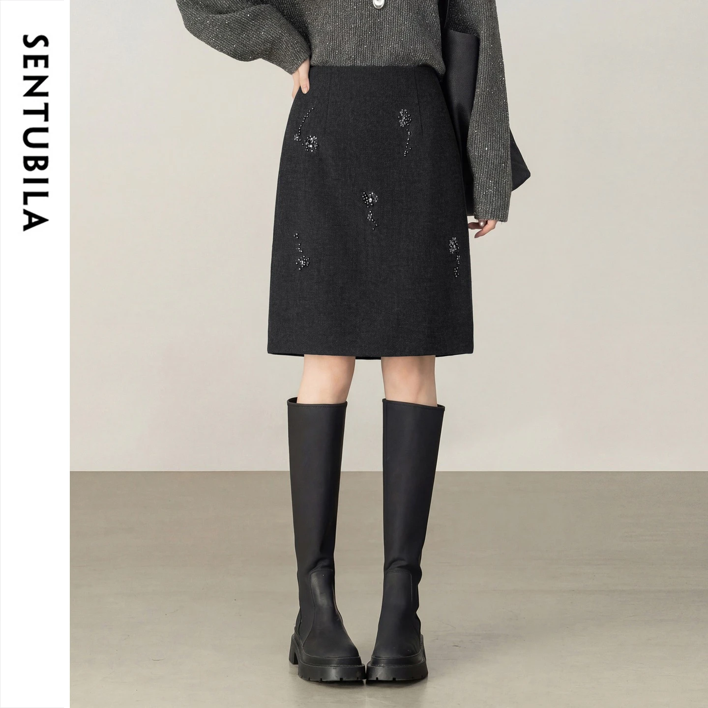SENTUBILA Women's Straight Skirt 2026 Office Lady Wool Blend Sequin Beading Mid Length Skirt Winter Clothing for Women 154QF6318