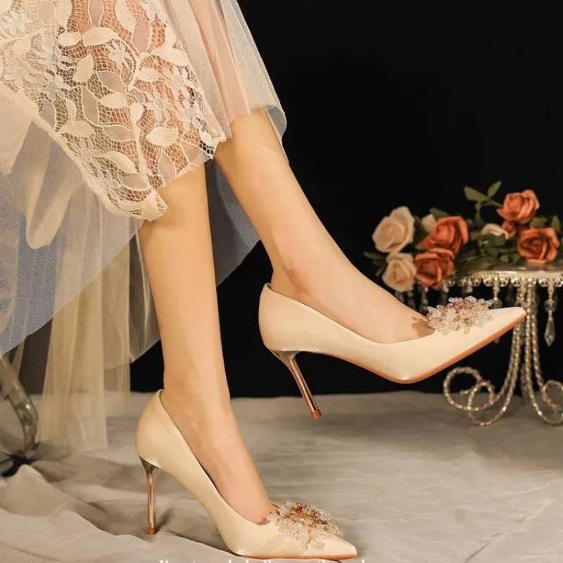 

French Stiletto Single Shoes 2025 New Pointed Toe Shallow Mouth Rhinestone Flower Slip-on Non-tiring High Heels