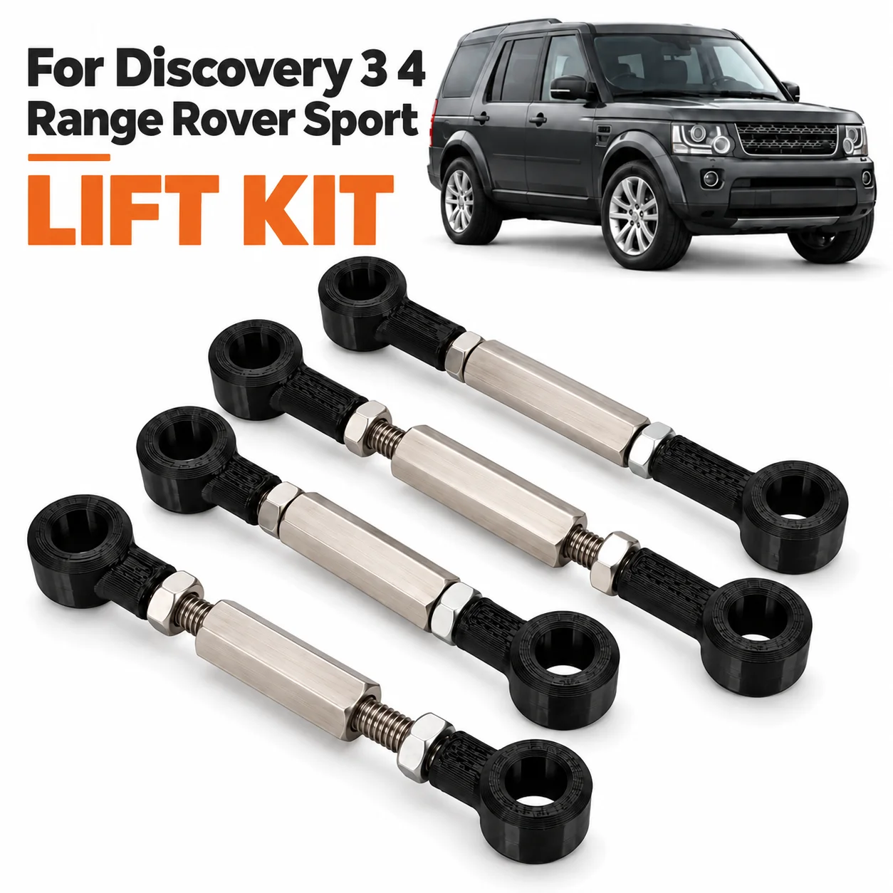 Zestaw podnoszący do Discovery 3, 4 i Range Rover Sport, regulowane drążki łączące, stal nierdzewna.