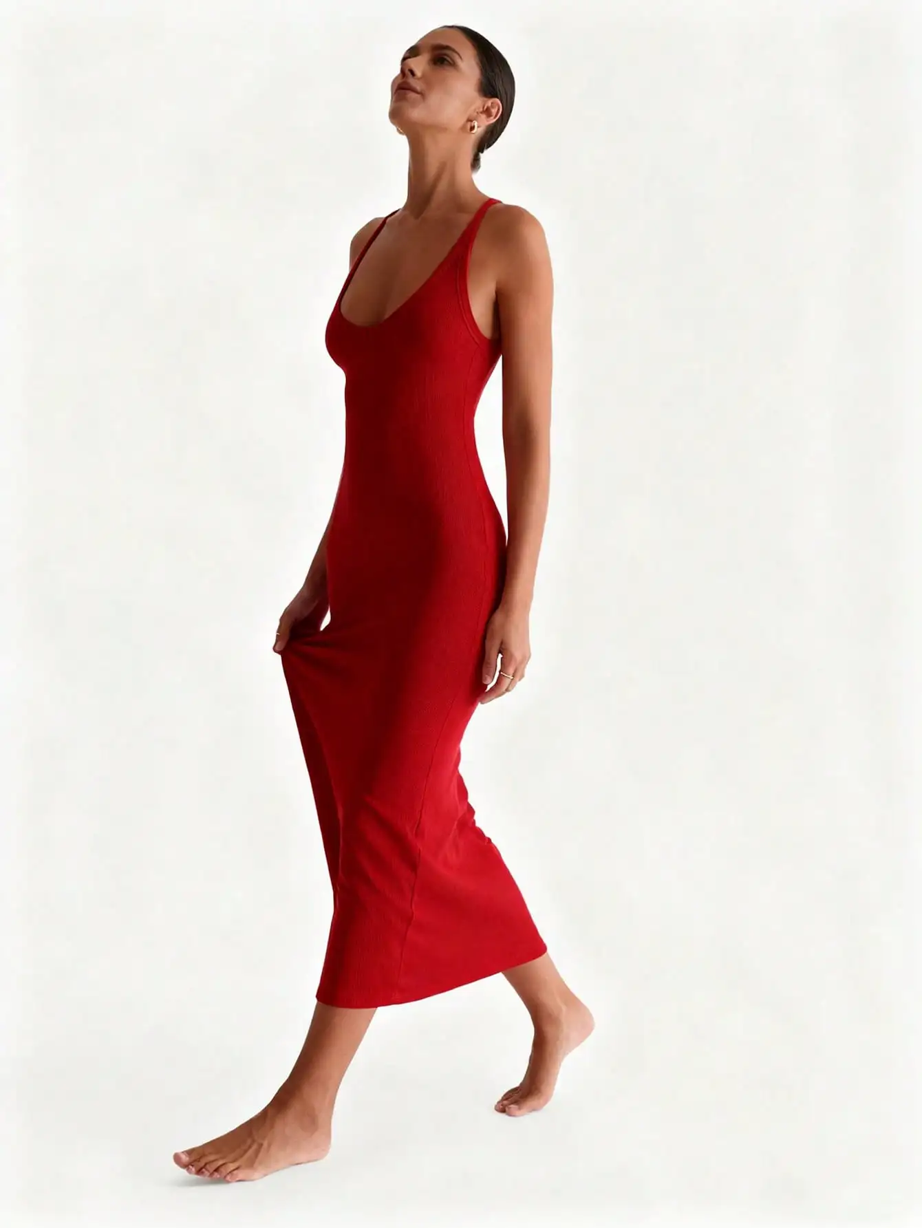 

Red V-Neck Knit Bodycon Midi Dress with Criss-Cross Back, Stretchy Fit