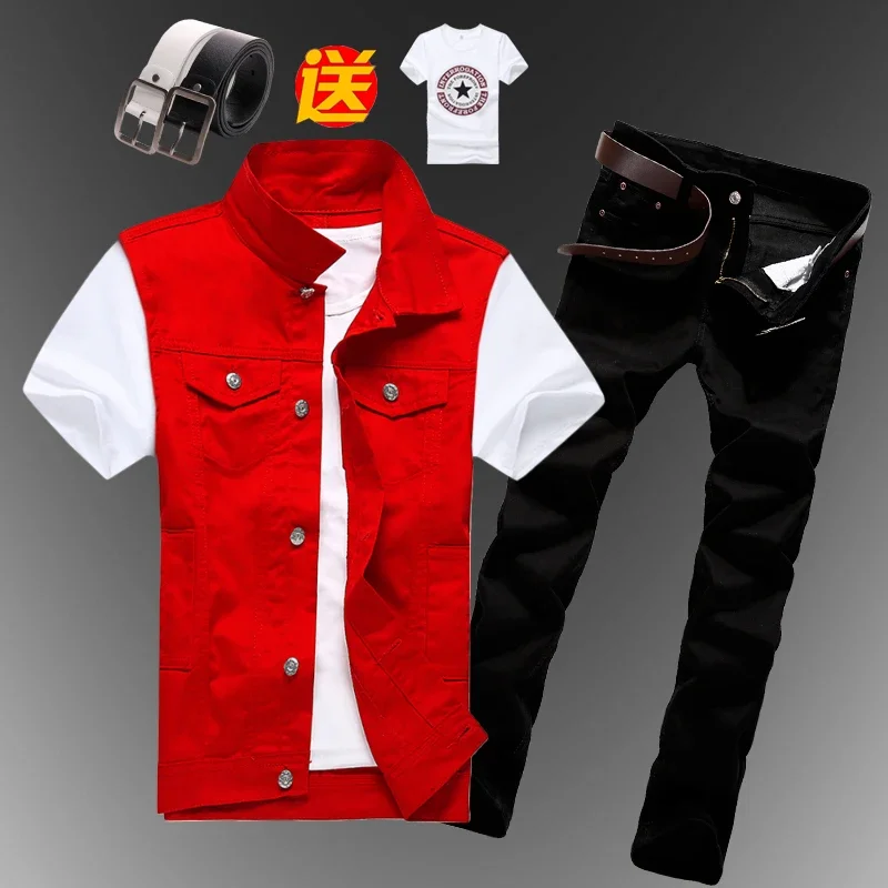 New Mens Boys Casual Denim Vest Sleeveless Waistcoat Summer Jeans Pants Trousers Slim Fit 2pcs Set