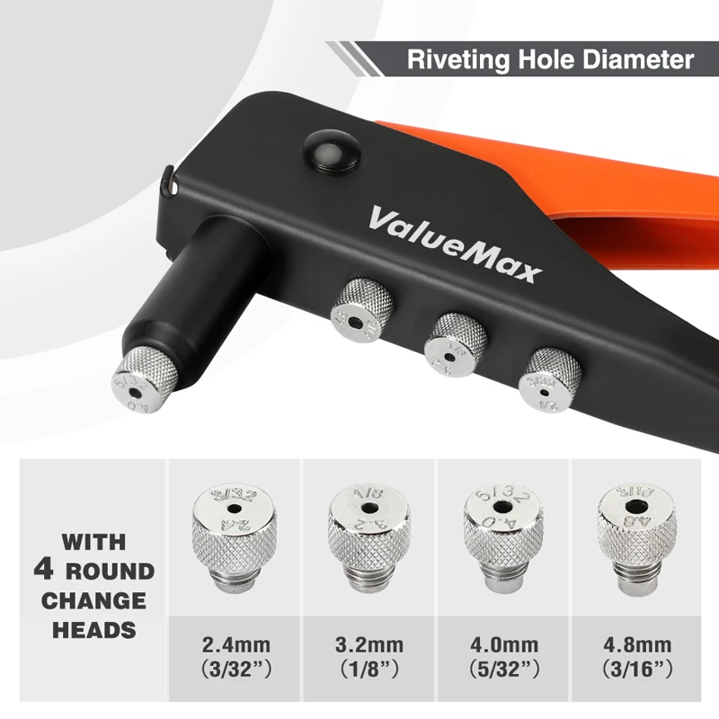ValueMax Hand Tool Riveter Set Professional Manual Rivet Gun Tool Home Repair And DIY With 200 Rivets 2.4mm 3.2mm 4.0mm 4.8mm