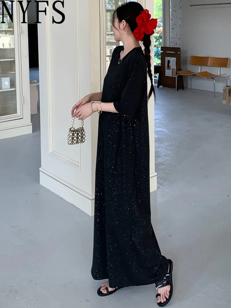 NYFS 2025 فستان صيفي نسائي على الطراز الكوري فضفاض مقاس كبير بأكمام قصيرة فستان طويل رداء Elbise