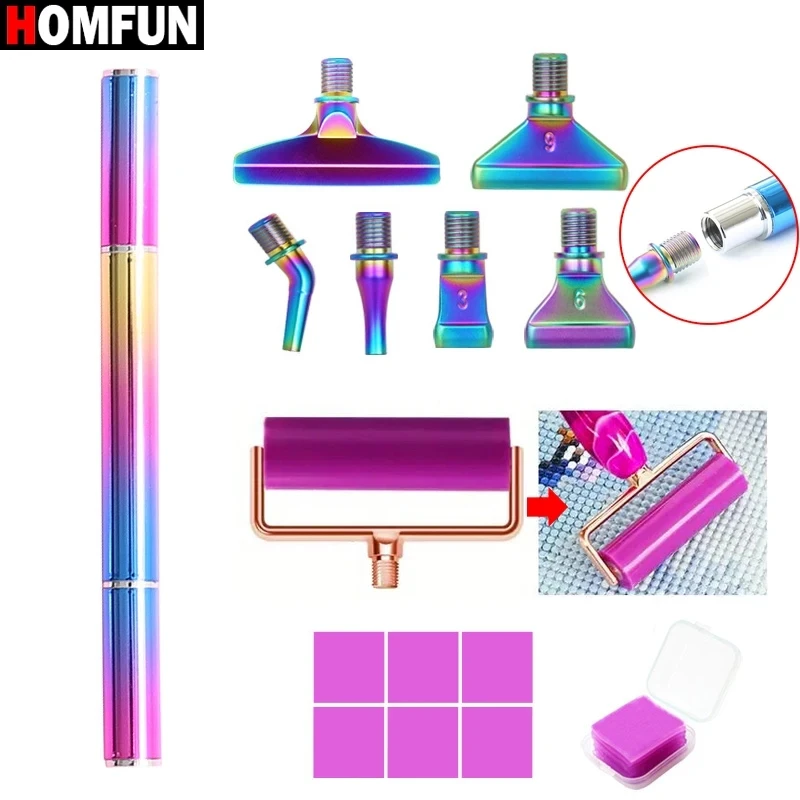 HOMFUN (14pcs) Colorful Threaded Metal Pen 6pcs Diamond Bits + 6pcs Glue + 1pcs Pen & Roller Diamond Painting Dotting Tool Set