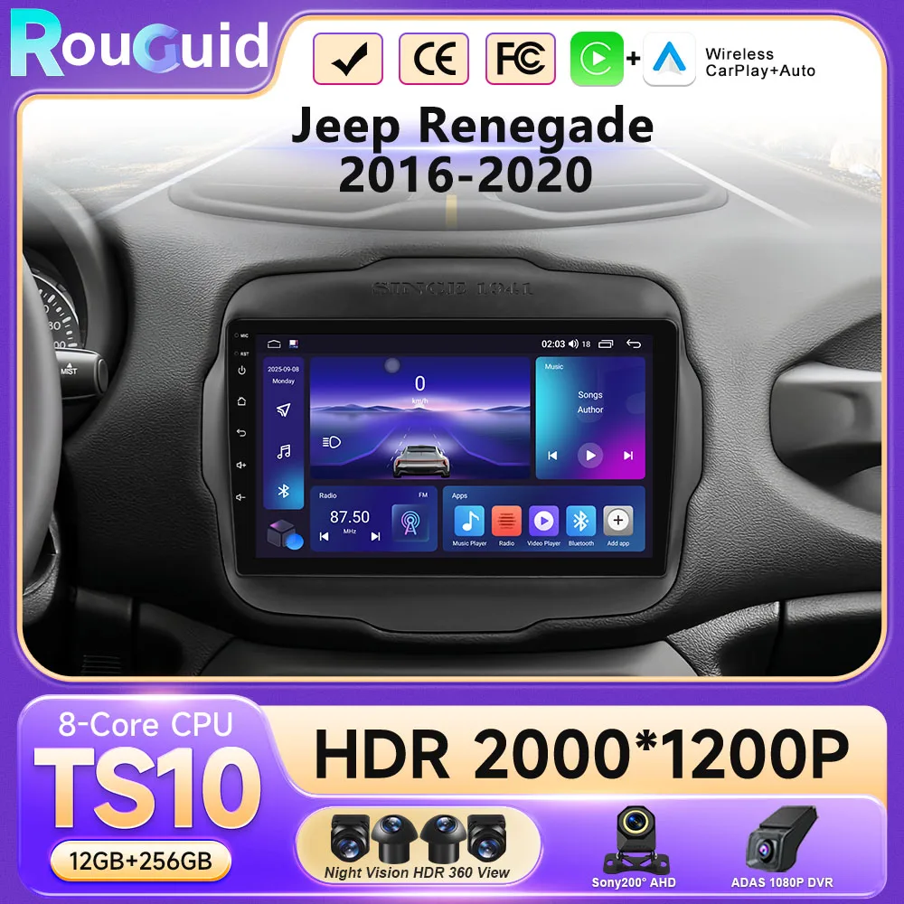 Radio para Auto con Android 16 y Carplay para Jeep Renegade 2016 2017 2018 2019 2020, GPS, Estéreo para Auto, Pantalla Táctil 2K, Reproductor Multimedia de Video