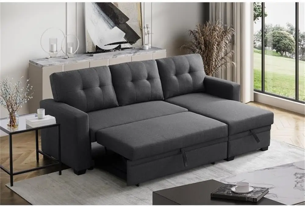 L-Shaped Polyester Fabric Reversible, Easy Convertible Pull-Out Sleeper Sectional Sofa/Storage Chaise ，Dark Gray