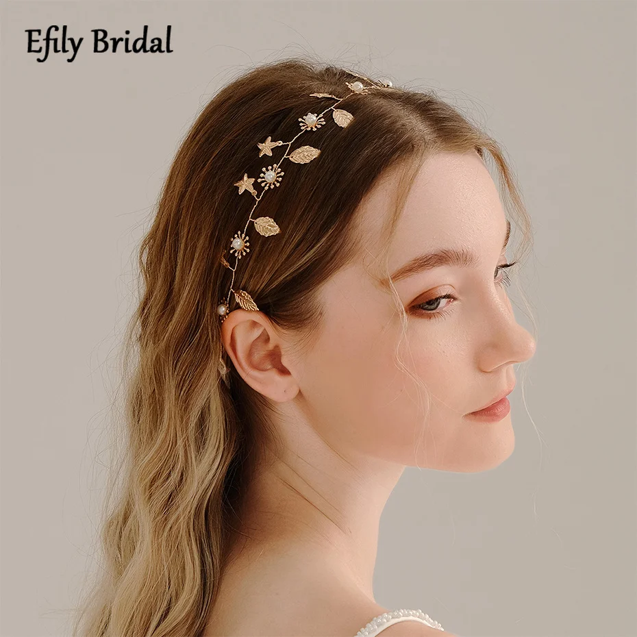 Efily Gold Color Leaf Pearl Hair Vine Bridal Hair Accessories Wedding Flower Headband for Women Bride Headpiece Jewelry Gift