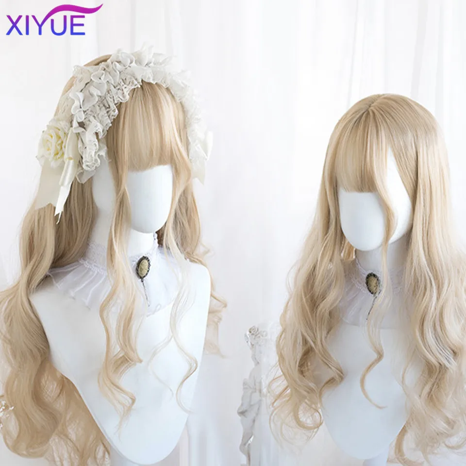 Cosplay Wig Long Natural Wavy Platinum Blonde Wigs with Bangs Cosplay Party Lolita Synthetic Wigs for Women Heat Resistant Fiber