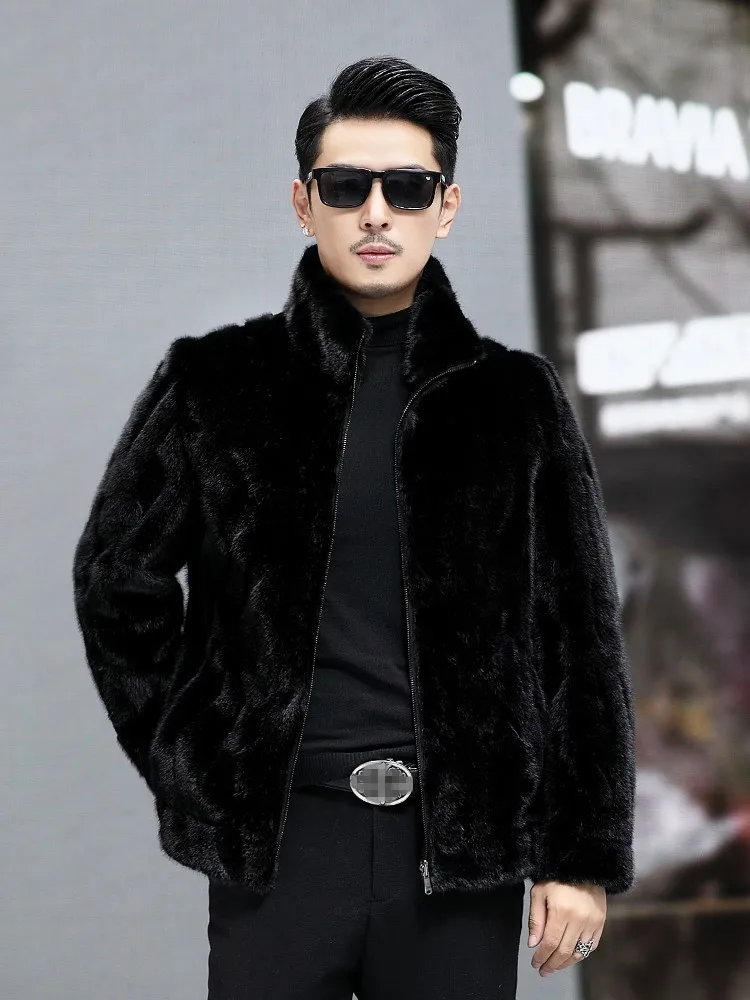 Winter Mens Stand Collar Faux Fur Jacket Warm Reversible Coat Slim Fit Imitation Mink Fur Overcoat Business Casual Work Jacket