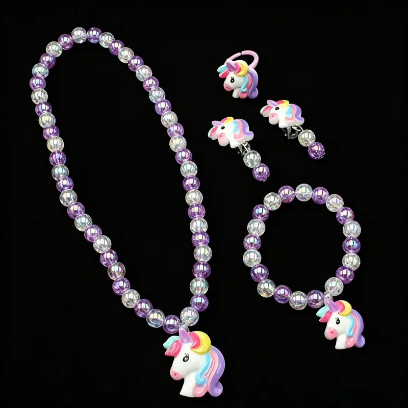 Kids Unicorn Jewelry Set - Resin Beaded Necklace Bracelet Earrings Ring, 4Pcs Little Girls Princess Dress Up Kit
