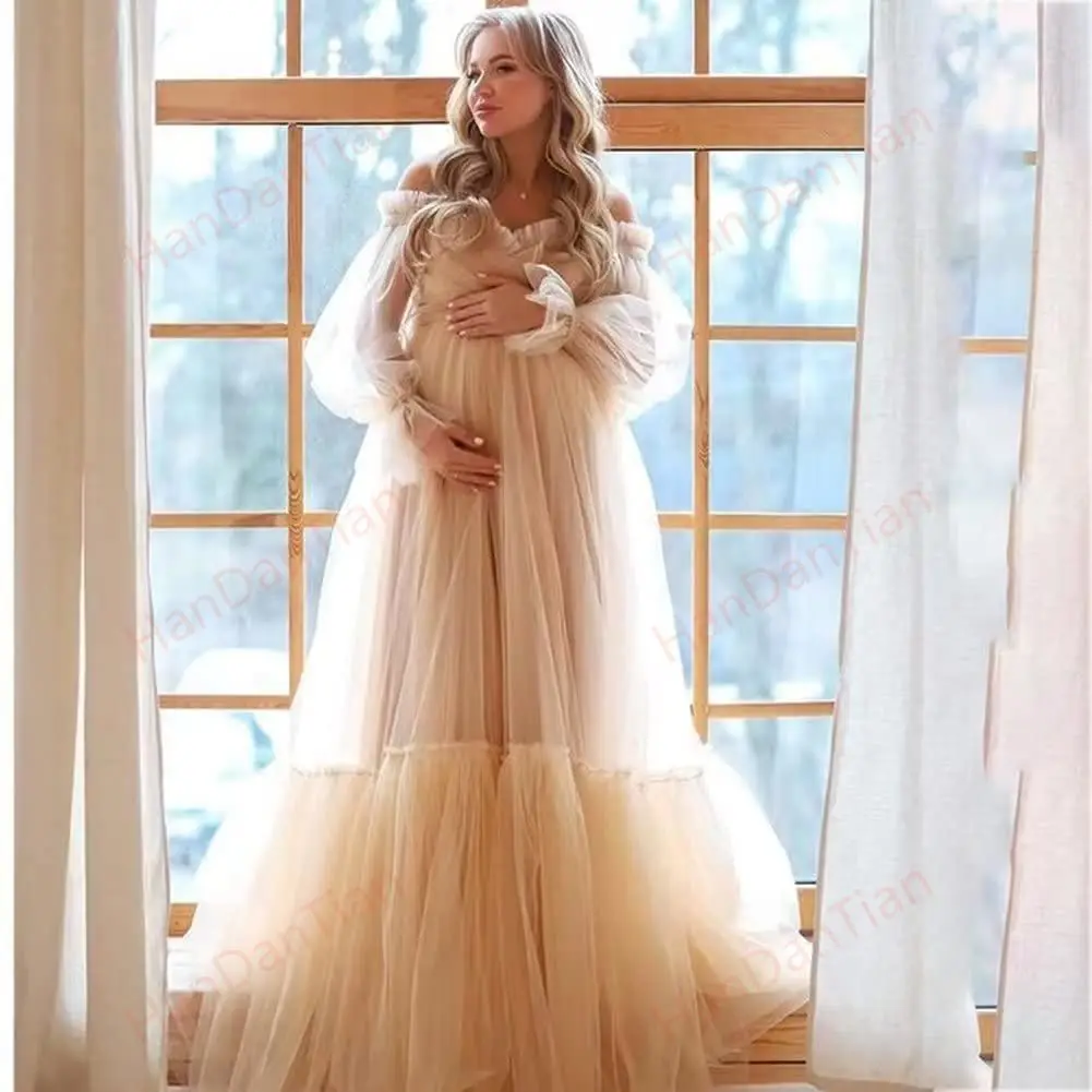 

Fluffy Tulle Maternity Dress for Photoshoot Long Sheer Sleeve Off Shoulder Bridal Baby Shower Pregnant Gown