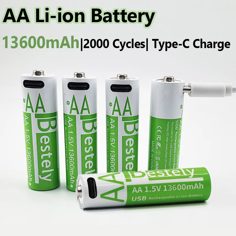 

1.5V 13600mAh AA Battery USB-C Rechargeable, Rapid Charge Lithium Battery with Free Cable, 2000+ Cycles for Cameras, Toys, Mouse