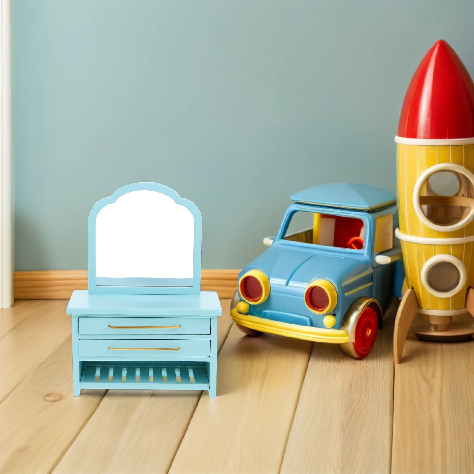 

Mini Cabinet: 1/12 Scale Blue Wood Vanity Table For Dollhouse Realistic Bathroom Scene Miniature Bathroom Accessories