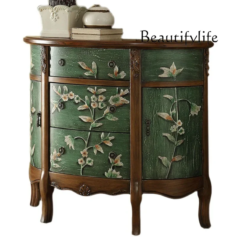 X40 American Painted Entrance Cabinet Mediterranean Hand-painted Semi-round Cabinet Retro Old Furniture Solid Wood Locker