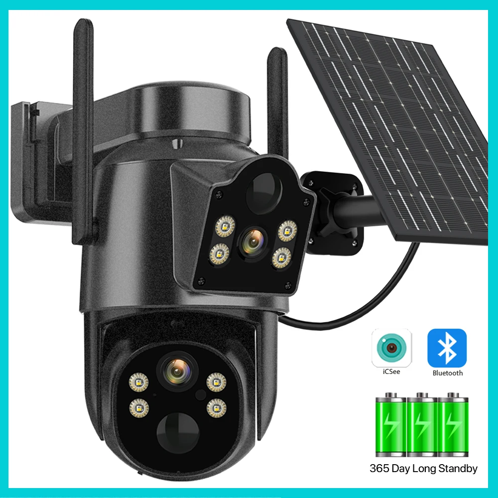 WiFi Solar Camera 7.6W Solar Panel 7800mAh Battery PTZ Outdoor Dual Lens Wireless Security IP Camera 4MP HD Human Detect iCSee