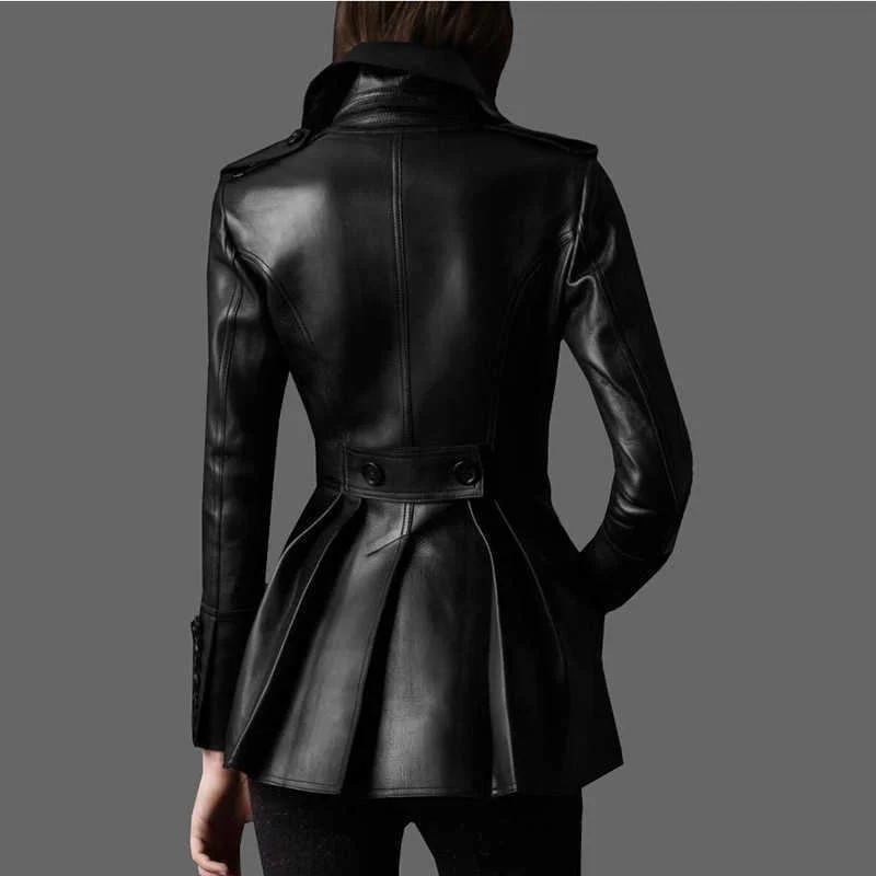 Women Genuine Leather Lambskin Leather Long Blazer Leather Coat Black Jacket