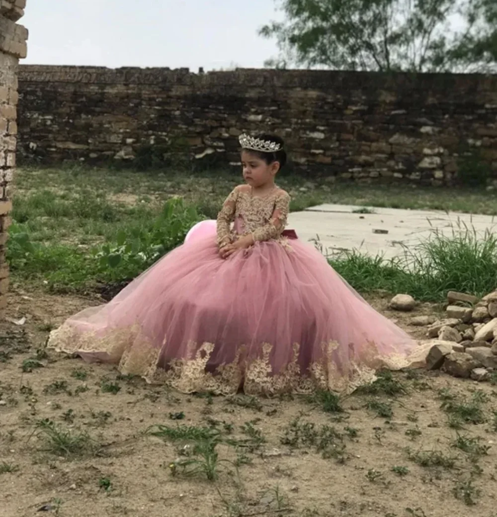 

Pink Huge Bow Flower Girl Dresses Full Sleeves Lase Luxury Princess Pageant Dress For Birthday Party Gown First Holy Communion