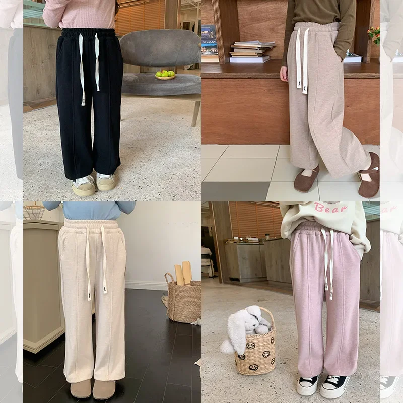 Girls Pants 2024 Autumn New Childrens Clothes Girls Baby Fashion Splicing Pendant Drawstring Straight Pants Casual Simple Daily