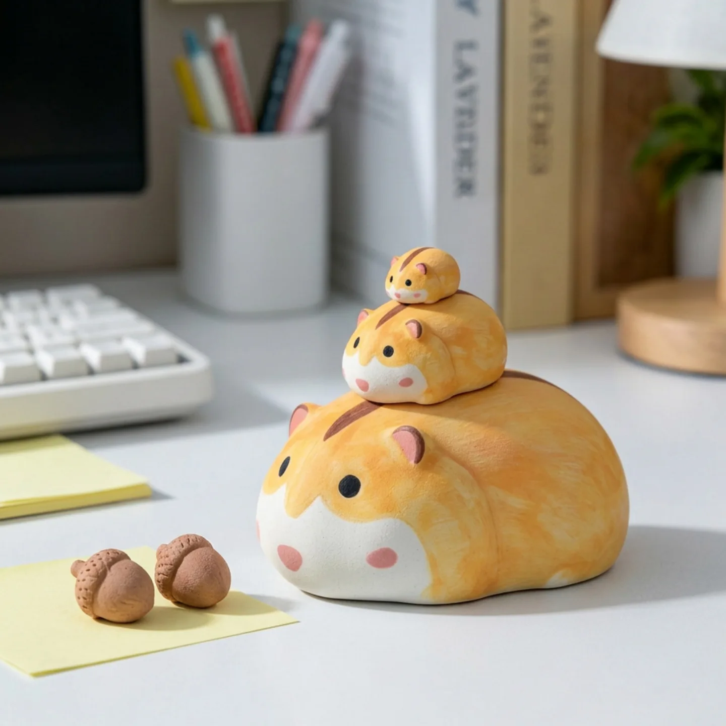 3Pcs Cute Stacked Hamster Ceramic Figurine Set, Kawaii Yellow Animal Statue With Mini Bread Decor,Aesthetic Tabletop Ornament