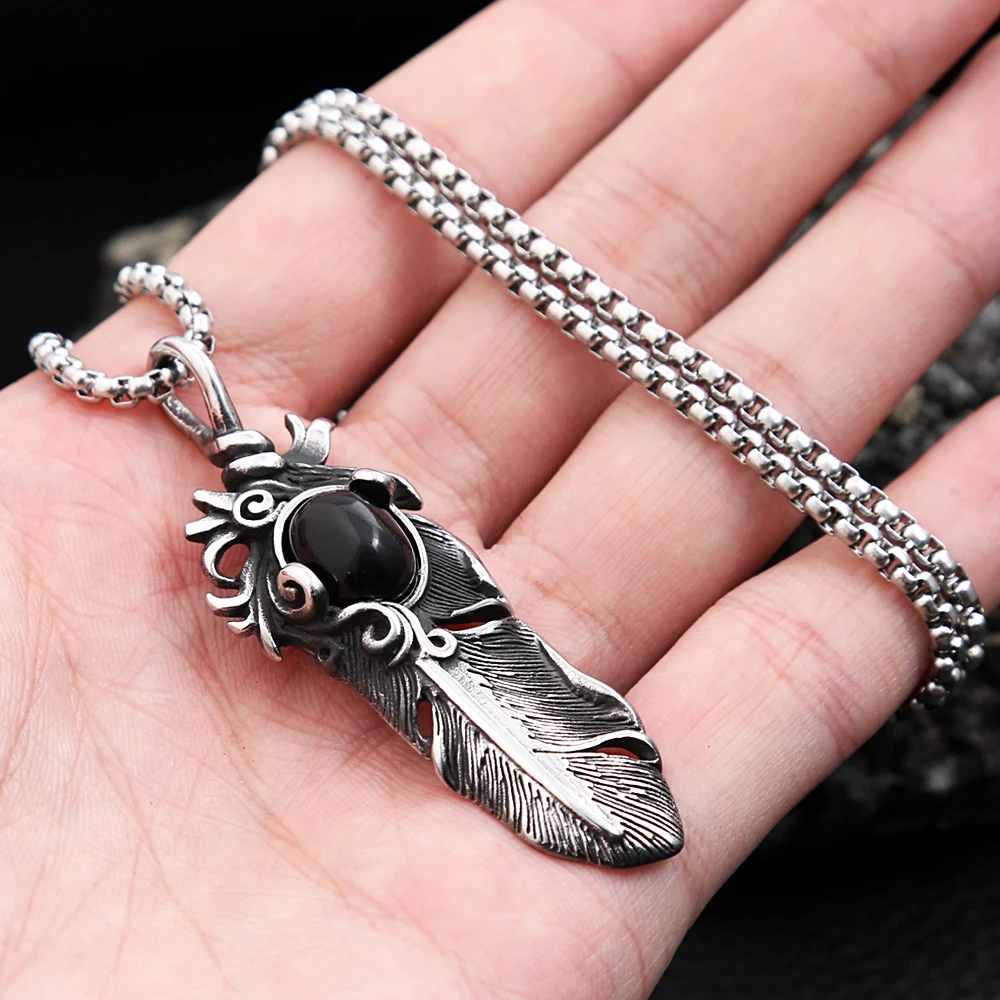 Vintage Stainless Steel Feather Pendant Necklace For Men Women Punk Creative Stone Necklaces Fashion Jewelry Gift Dropshipping