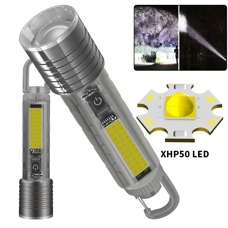 USB Rechargeable Flashlight with COB Side Light & Hook Bright Zoomable LED Torch for Camping Hiking Car Repair 1 Pack