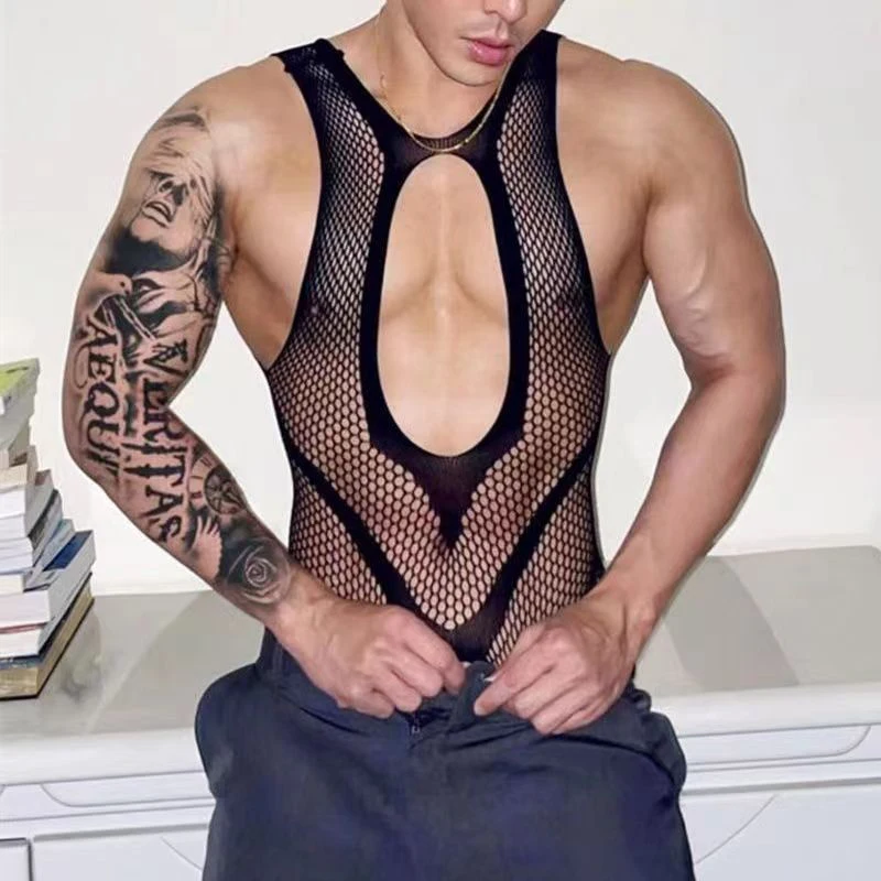 Sexy Man Pajamas One Piece Men\'s Jumpsuit Transparent BodyStocking Sleeveless Bodysuit Porn Crotchless Underwear Erotic Costumes