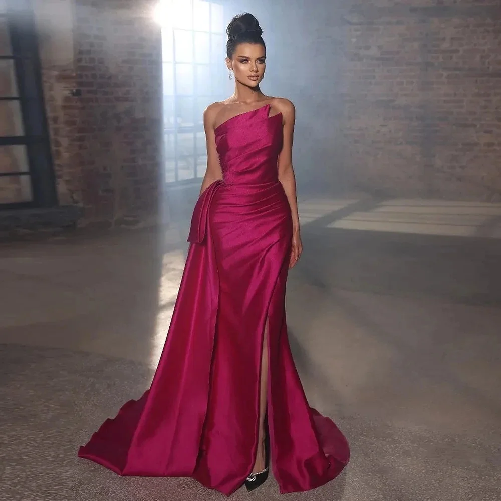 

Fashion Rose Red Evening Dresses Elegant Strapless Sleeveless Pleat Backless Mermaid Party Side Slit Floor Length Prom Gowns