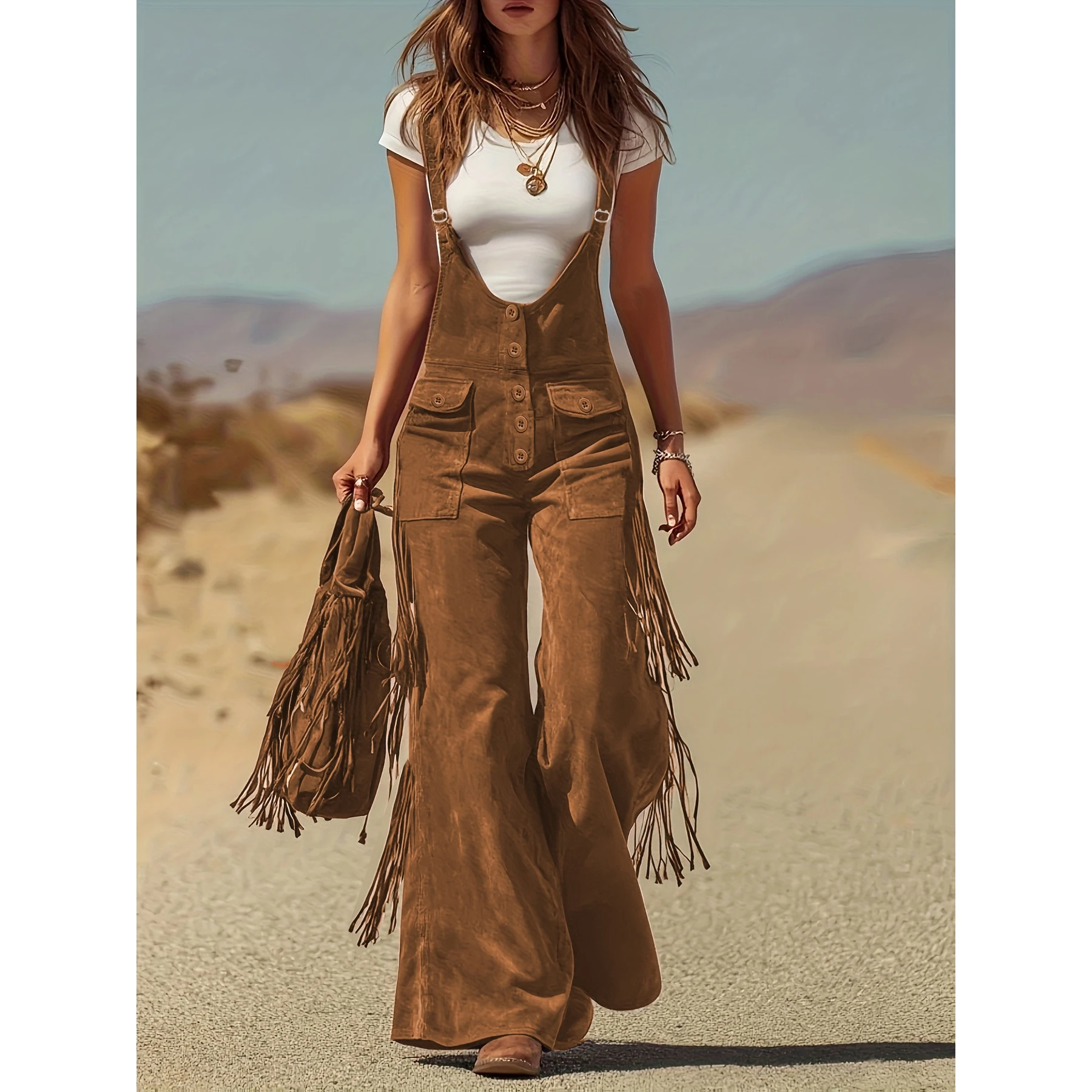 Retro Women's Suede Fringe Wide Leg Overalls Long Pants Street Style mid Waist Other Fabric Autumn 2025 Collection