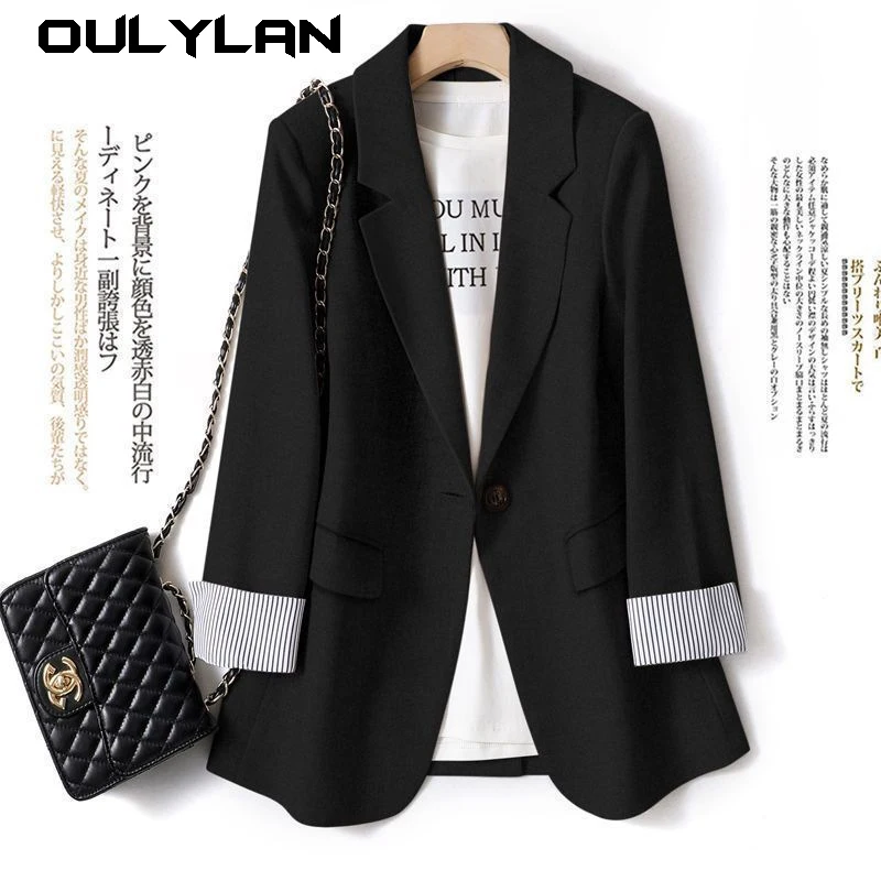 

2024 Women Spring Office Lady Blazer Casual Vintage Loose Elegant Long Sleeved Coat All-Match Style Solid Jacket Pocket Blazers