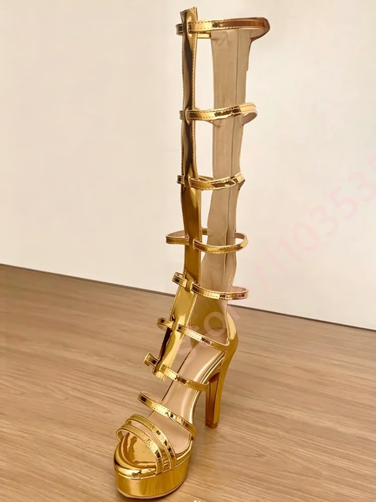 Women Metallic Knee‑High Gladiator Sandals Open Toe Multi‑Strap Cutout Platform Block High Heel Nightclub Party Fashion Boots